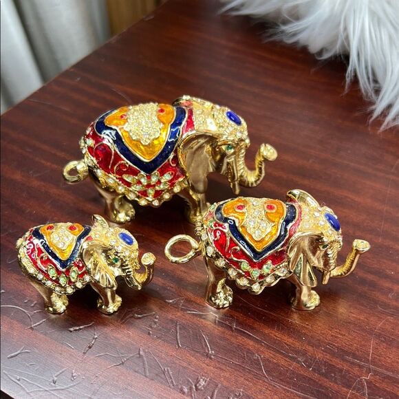 3 Qifu Elephant Family Trinket Box Set Enamel Rhinestone Jeweled Hinged - Picture 1 of 8